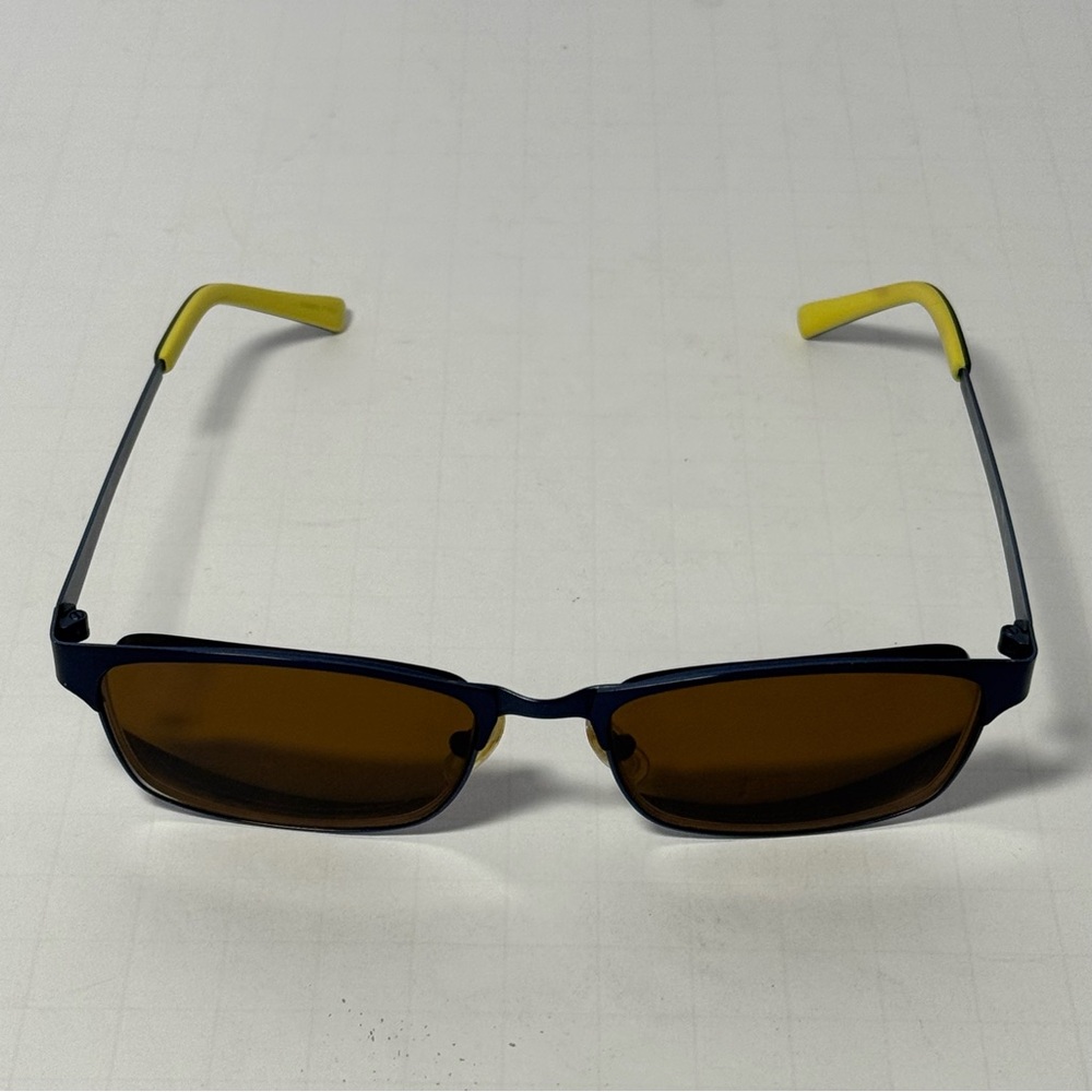 Warby Parker Navy Frame Sunglasses with Yellow Temples and Brown Lenses